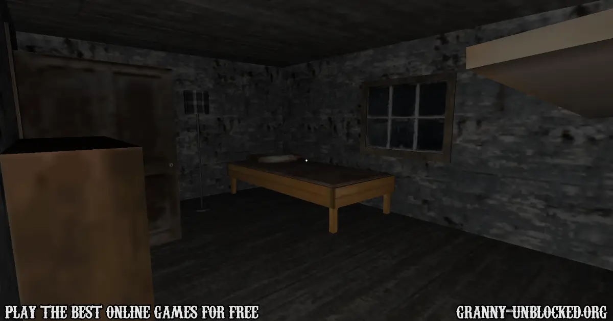 Dark bedroom inside Granny’s house with bed, wardrobe, and eerie lighting