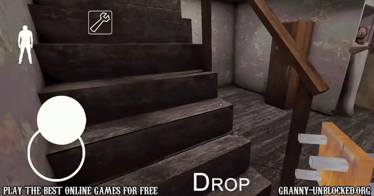 Granny chasing the player near the stairs while holding a weapon