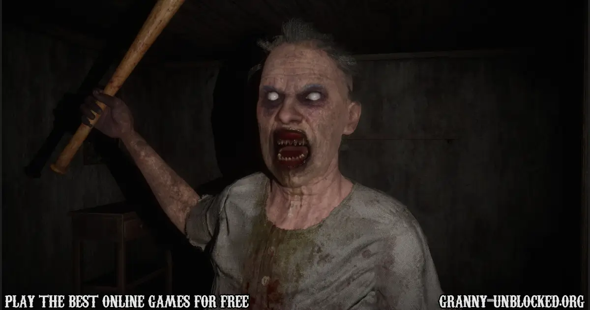 Close-up shot of Granny raising a bat ready to attack the player