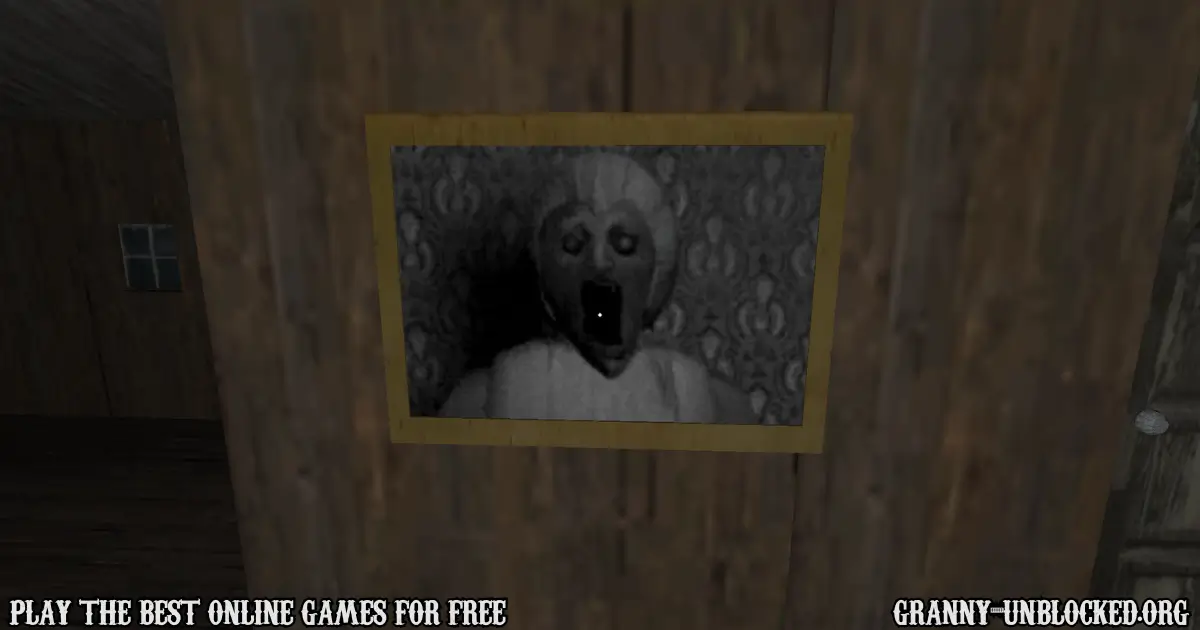 Horror portrait of Granny hanging on the wall inside her house