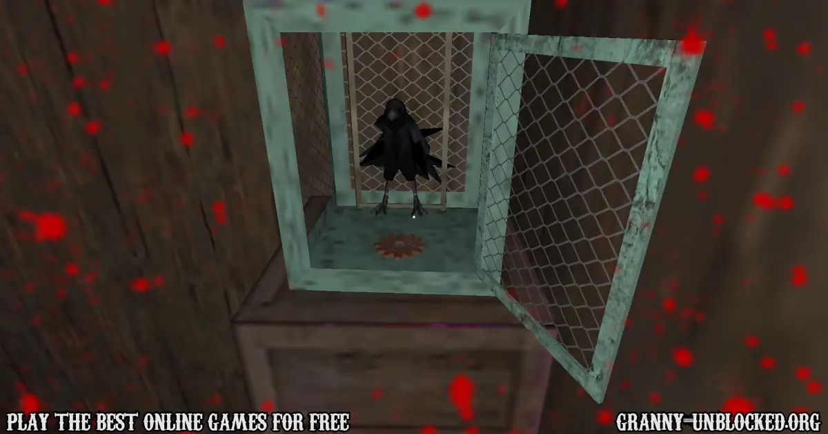 Crow inside a metal cage guarding a gear piece in Granny game