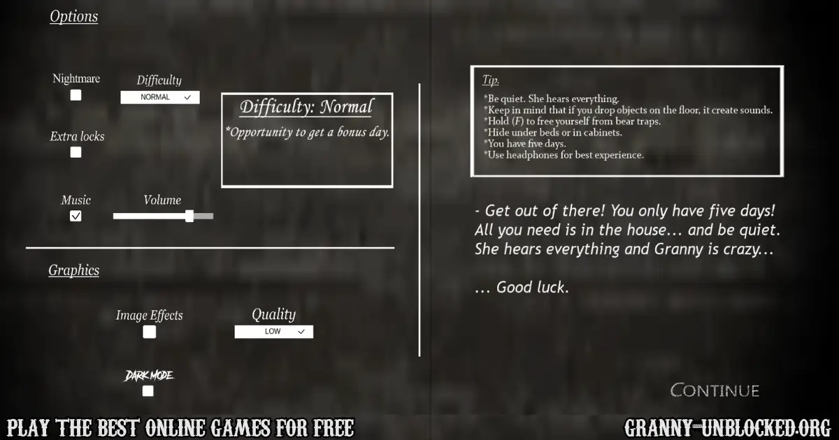 Granny game difficulty settings menu showing tips, options, and bonus day selection