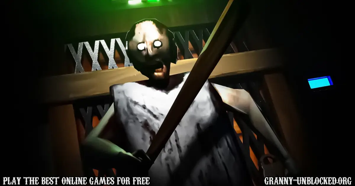 Granny approaching with a bat in front of an elevator in a dark horror scene