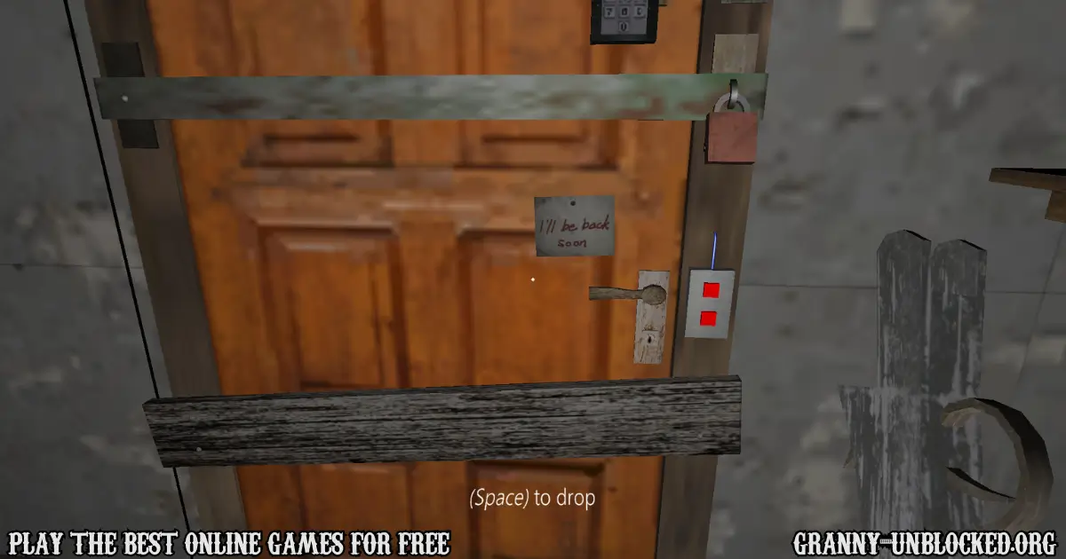 Granny’s front door with locks, planks, keypad, and escape mechanisms