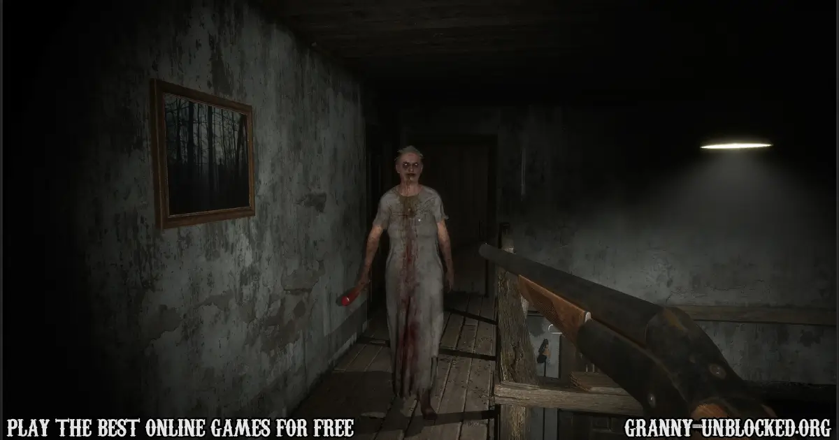 Player aiming a shotgun at Granny in a dark hallway