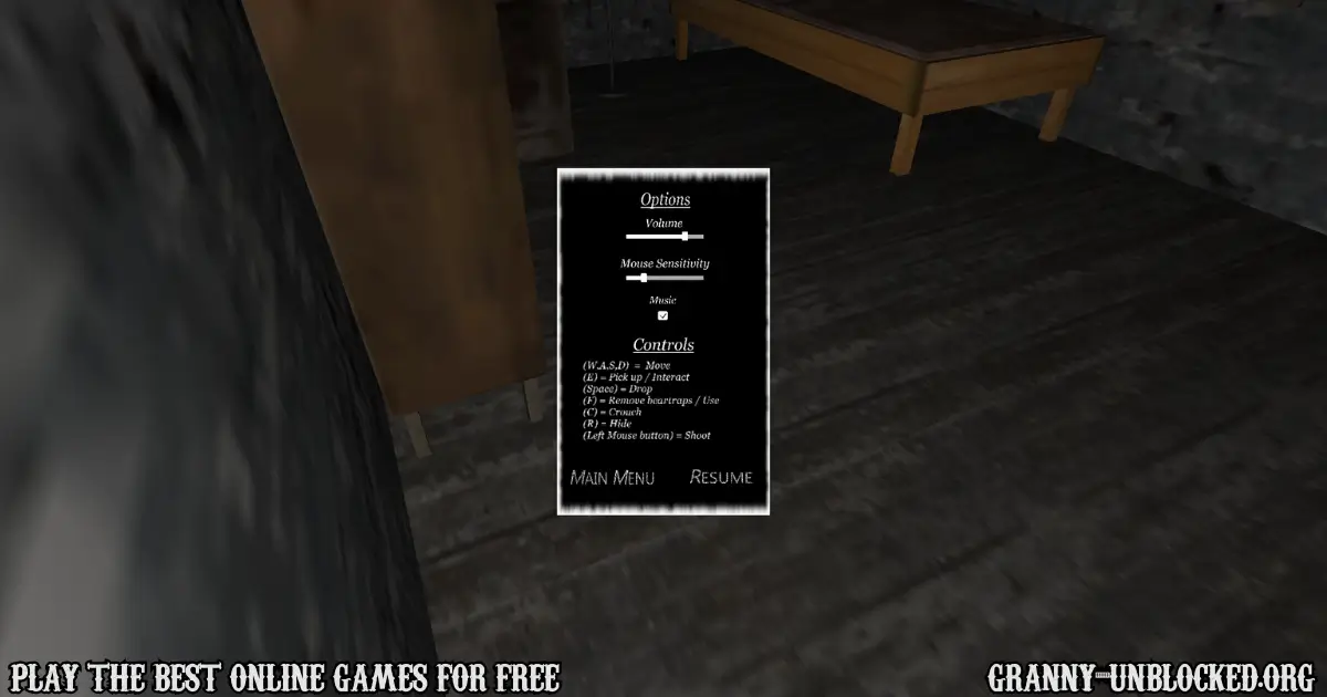 Pause menu showing game settings, controls, and mouse sensitivity options in Granny