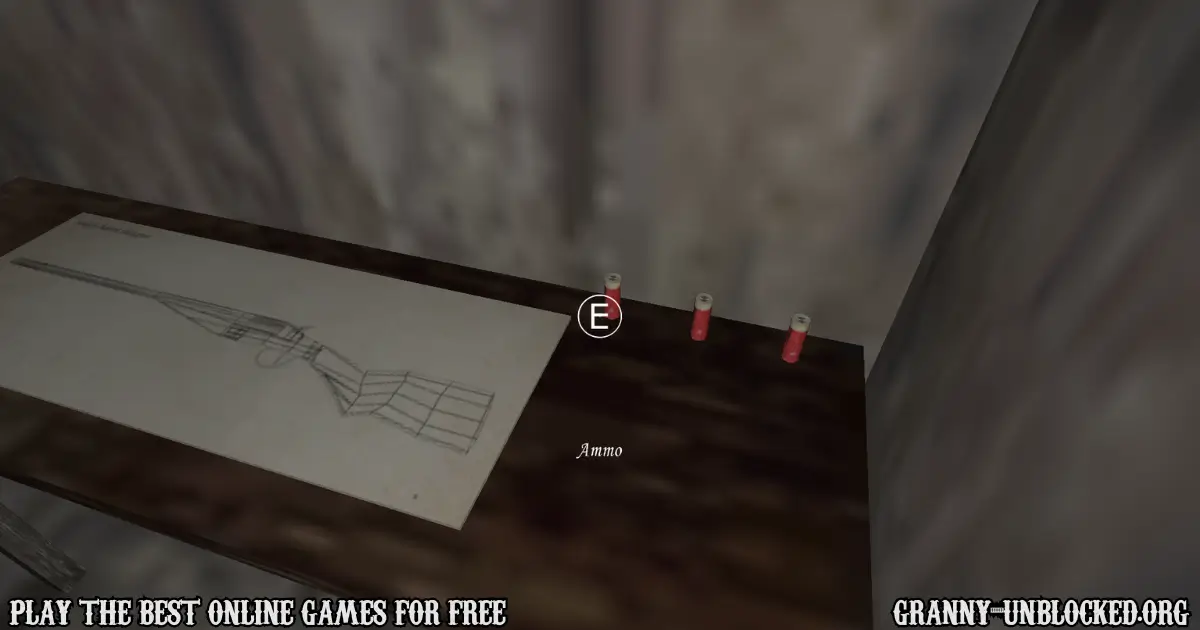 Shotgun blueprint and ammo on a table inside Granny’s basement